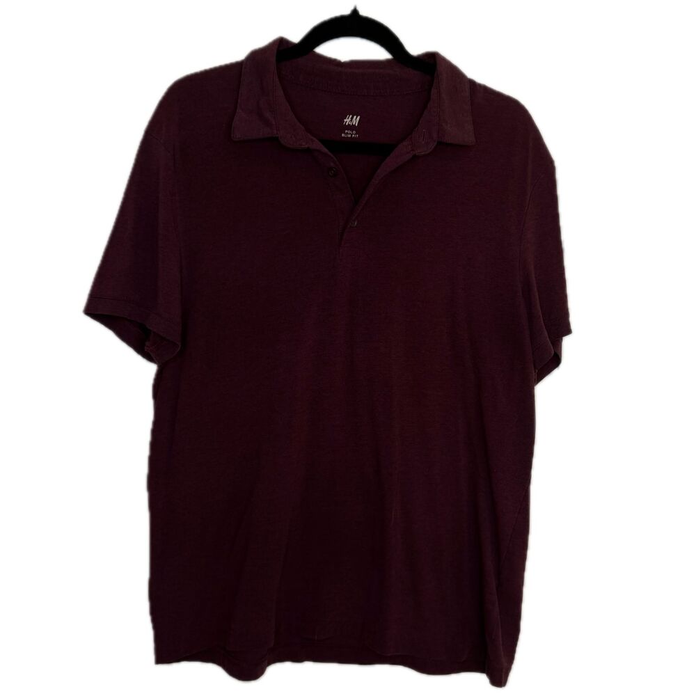 H&M Men's Red Large Slim Fit Short Sleeve Polo Collared Golf Shirt Burgundy